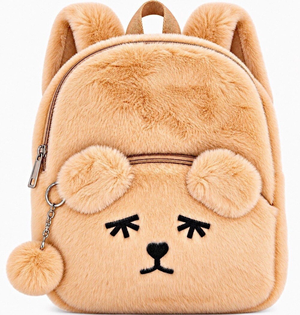 Beige Faux Fur Bear Small Girls Backpack Zip Closure Top Handle Zipper Accent
